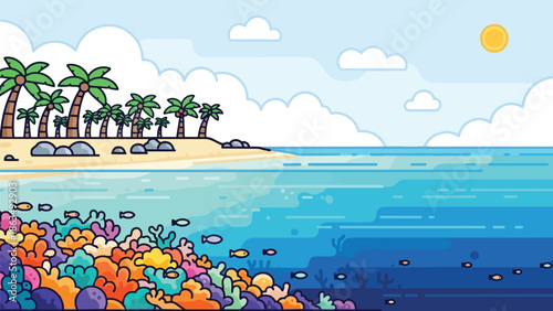 A tropical island scene. Palm trees line a sandy beach. Clear blue ocean reveals a vibrant coral reef with fish. Sunny sky, fluffy clouds. Idyllic