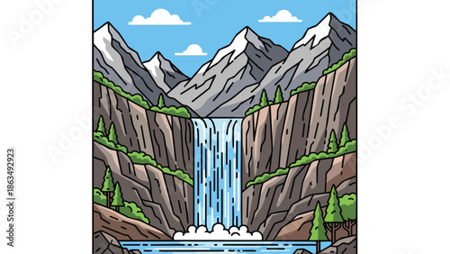 Vibrant stylized depiction of a magnificent waterfall gracefully descending through towering, rugged cliffs, adorned with lush evergreen trees,
