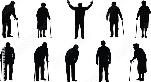 Elderly people silhouette vector set with canes, aging posture variations, healthcare concept, black graphic illustration for medical themes.