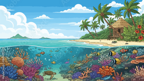 Idyllic tropical island vista showing a serene beach, lush palms, and a vibrant coral reef ecosystem