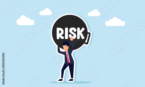 Businessman carrying load labeled risk illustration of business decision to take greater risk