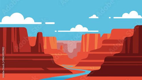Expansive stylized desert canyon landscape artwork featuring towering red rock formations, a winding blue river, and a bright sky with minimalist