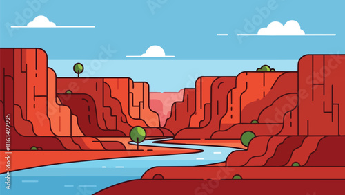 Vibrant minimalist canyon vista with a winding river under a clear blue sky and sparse green foliage depicting tranquil natural beauty perfect for