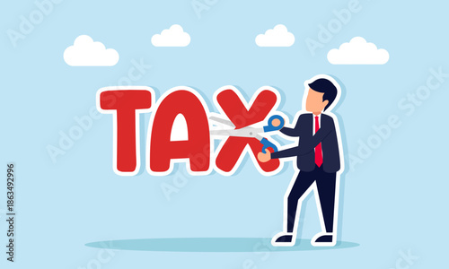 Businessman cutting TAX text with scissors illustration of tax amnesty or settling tax obligations