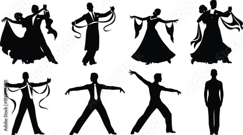 Elegant Ballroom Dance Silhouette Vector Set – Male and Couple Poses, Latin Dance Clipart, Graceful Movement, Performance Art Illustration