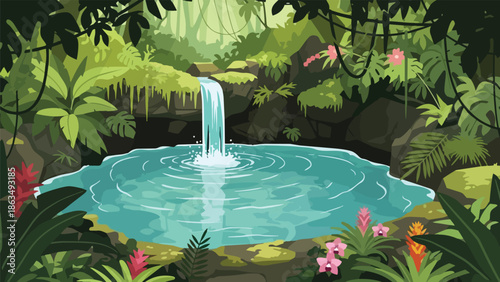 Vibrant illustration of a tranquil jungle waterfall scene with a clear serene pool and lush tropical foliage