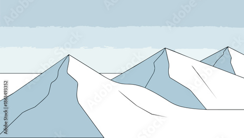 Striking minimalist peaks illustration showcasing serene alpine landscapes under a vast tranquil sky with a crisp, cool atmosphere, capturing