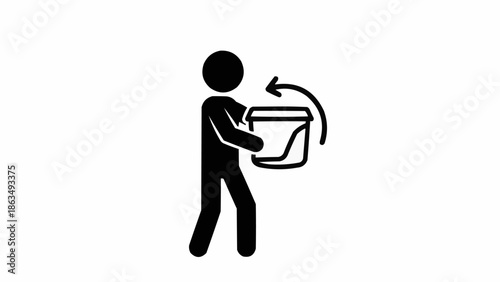 Person carrying a bucket with a rotation arrow symbol.