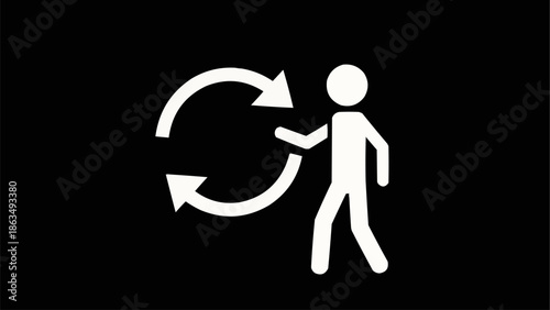 Person interacting with circular arrows representing process or cycle.