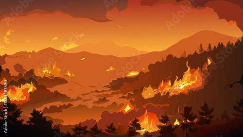 Wildfire raging through a forest and mountain landscape under a smoky orange sky illustration