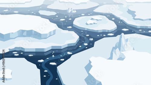 Vast arctic landscape illustration with broken ice sheets floating in dark blue channels, capturing the silent, cold beauty of a remote, frozen