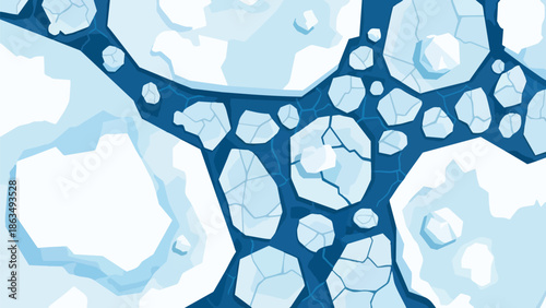 Abstract aerial view of fragmented ice sheets drifting on deep blue arctic ocean illustration