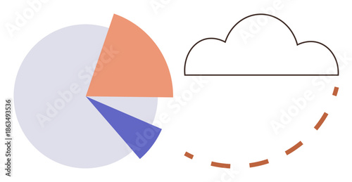 Data analytics, cloud storage, digital trends, business insights, technology applications, IT solutions. Stylized pie chart next to a minimal cloud with dashed line. Data analytics and cloud storage