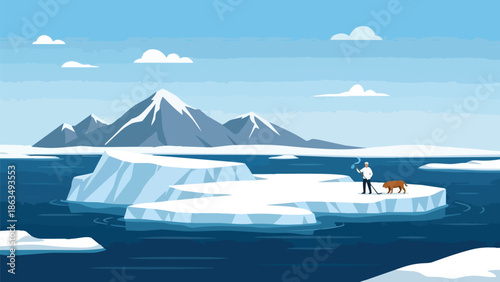 A lone arctic explorer and their loyal dog stand on an ice floe, surrounded by deep blue water and majestic snow-capped mountains in a vast, cold