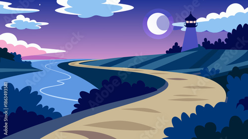 A stylized illustration of a winding coastal road and river leading to a lighthouse at twilight