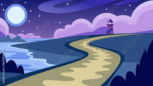 A whimsical night landscape illustration featuring a winding path along the coast leading towards a distant lighthouse under a bright full moon and starry sky.