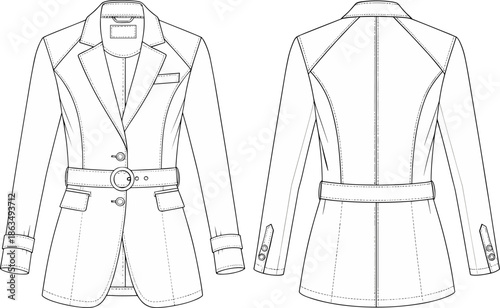 Stylish tailored women’s blazer technical flat with belt, structured seams, lapel collar, button cuffs, front and back detailed apparel design illustration template
