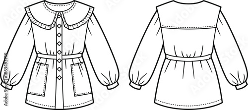 Stylish women blouse fashion flat sketch, front and back technical drawing, ruffled collar design, pocket details, long sleeve apparel illustration template