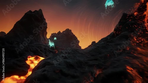 Fiery landscape with molten rock flowing through a stylized mountain range