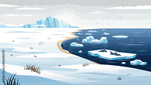 Expansive arctic vista showcases a pristine icy realm where wildlife thrives amidst majestic glaciers and shimmering frigid waters, a frozen