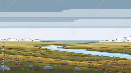 Cartoon arctic river landscape with marsh, distant sea, and snow-capped hills