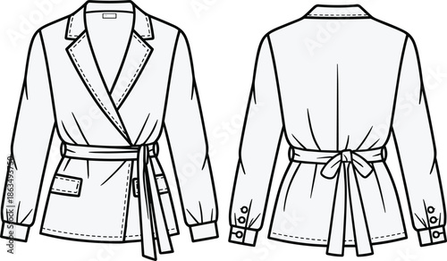 Stylish women’s blazer fashion flat sketch, front and back technical drawing, long sleeve jacket design template with waist belt tie