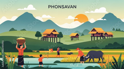 Rural village scene with people working in field and ox, traditional houses on stilts, mountains in background at sunset, serene with farming