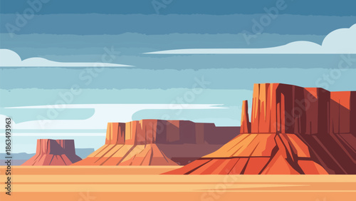 Majestic red rock formations rise from an expansive desert floor under a serene blue sky showcasing the stark, beautiful desolation of a rugged