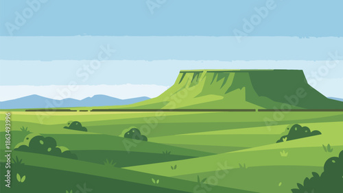Minimalist Vector Landscape with Flat-Topped Mountain and Rolling Green Hills under a Clear Sky Scenic Flat Graphic Art