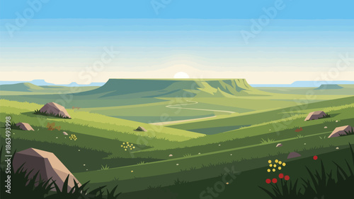 Serene Flat Design Landscape with Rolling Hills and Distant Mesa at Dawn Peaceful Nature Scenery