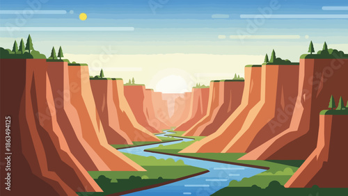 A stylized flat design rendering of a vast canyon. A winding blue river flows between towering orange cliffs and green banks under a warm sunrise sky