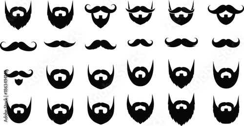 Facial hair silhouette icon set featuring diverse beard and mustache styles for grooming, fashion, barber branding, and male identity design