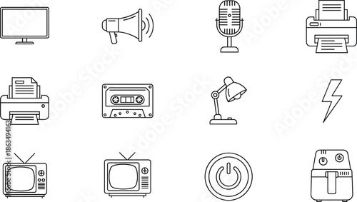 Minimal line icons of electronic devices, vintage gadgets, power symbols, and tech accessories for digital design, UI, and education.