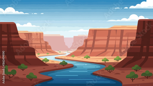 A vivid flat design illustration capturing a serene desert canyon with a winding azure river flowing between towering layered sandstone cliffs under