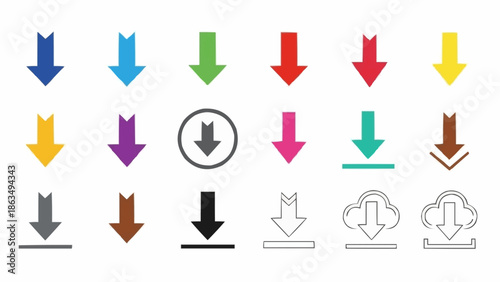 Collection of Download Arrow Icons in Various Styles and Colors.