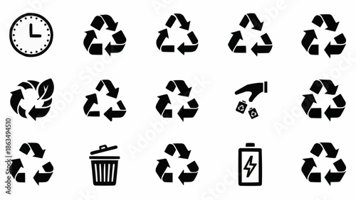 Collection of Recycling Symbols and Environmental Icons for Sustainable Living.