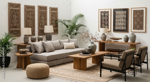 Sophisticated Living Room Interior with Neutral Tones, Handcrafted Wooden Decor, Comfortable Seating, and Ethnic-Inspired Art