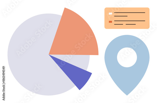 Data analysis, business analytics, location mapping, statistical overview, report creation, and visualization concepts. A pie chart, map pin and infographic bar. Data analysis and business analytics
