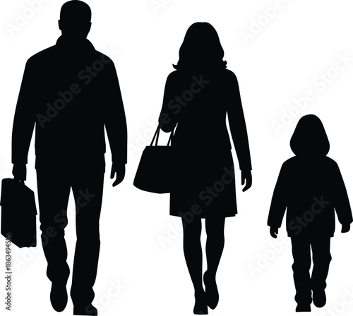 Family walking silhouette vector with child, black graphic design, urban lifestyle concept, commuting people illustration for social themes.
