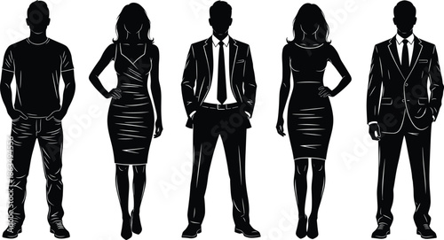 Fashion and style silhouette set featuring casual and formal outfits, male and female figures, posture variations, and clothing diversity