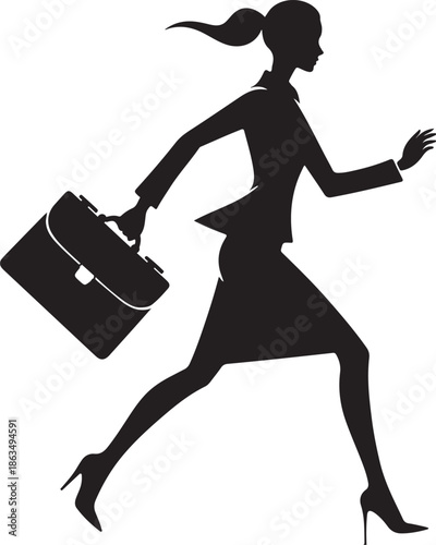 Dynamic black silhouette of a female employee in business attire, rushing through an implied hallway with a briefcase.