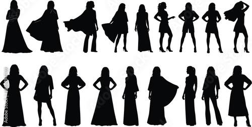 Fashion women silhouette vector illustration showing diverse poses, stylish outfits, dynamic stances, character modeling, design artwork, fashion concept representation