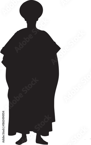 Full-body silhouette of an African tribal figure wearing traditional clothing and distinctive headwear, standing upright.