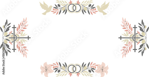 Elegant Wedding and Peace Celebration Frame Design with Doves, Interlocking Rings, and Botanical Floral Elements for Event Invitations
