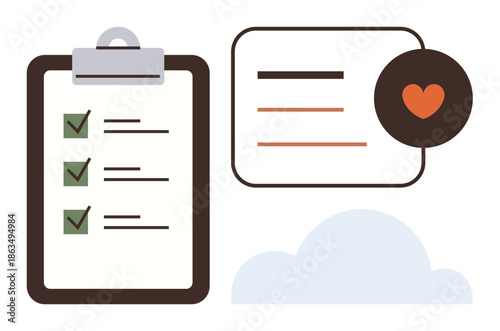Organization, productivity, task management, communication, planning, workflow efficiency. A clipboard with checkmarks, message bubble with heart and cloud art. Organization and productivity