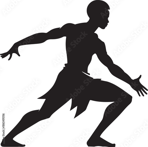 Dynamic black silhouette of an African warrior in a crouching, ready-for-action pose, depicting strength and tribal spirit.