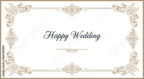 Elegant 'Happy Wedding' Card Illustration with Ornate Vintage Golden Frame Design for Special Celebrations