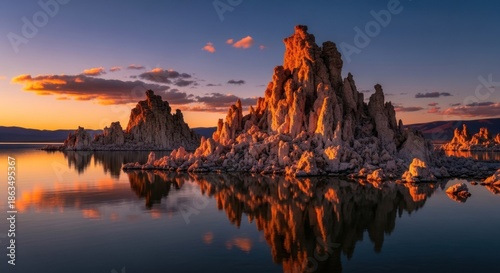 Dramatic Sunset over Mono Lake with Illuminated Tufa Formations and Perfect Water Reflections in California
