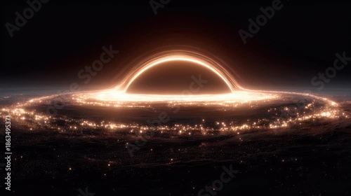 Cinematic deep-space black hole bending light into a high-contrast halo.