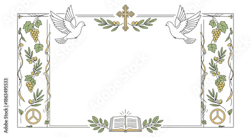 Elegant Spiritual Frame Illustration Featuring Doves, Cross, Open Book, and Peace Symbols for Religious Celebrations